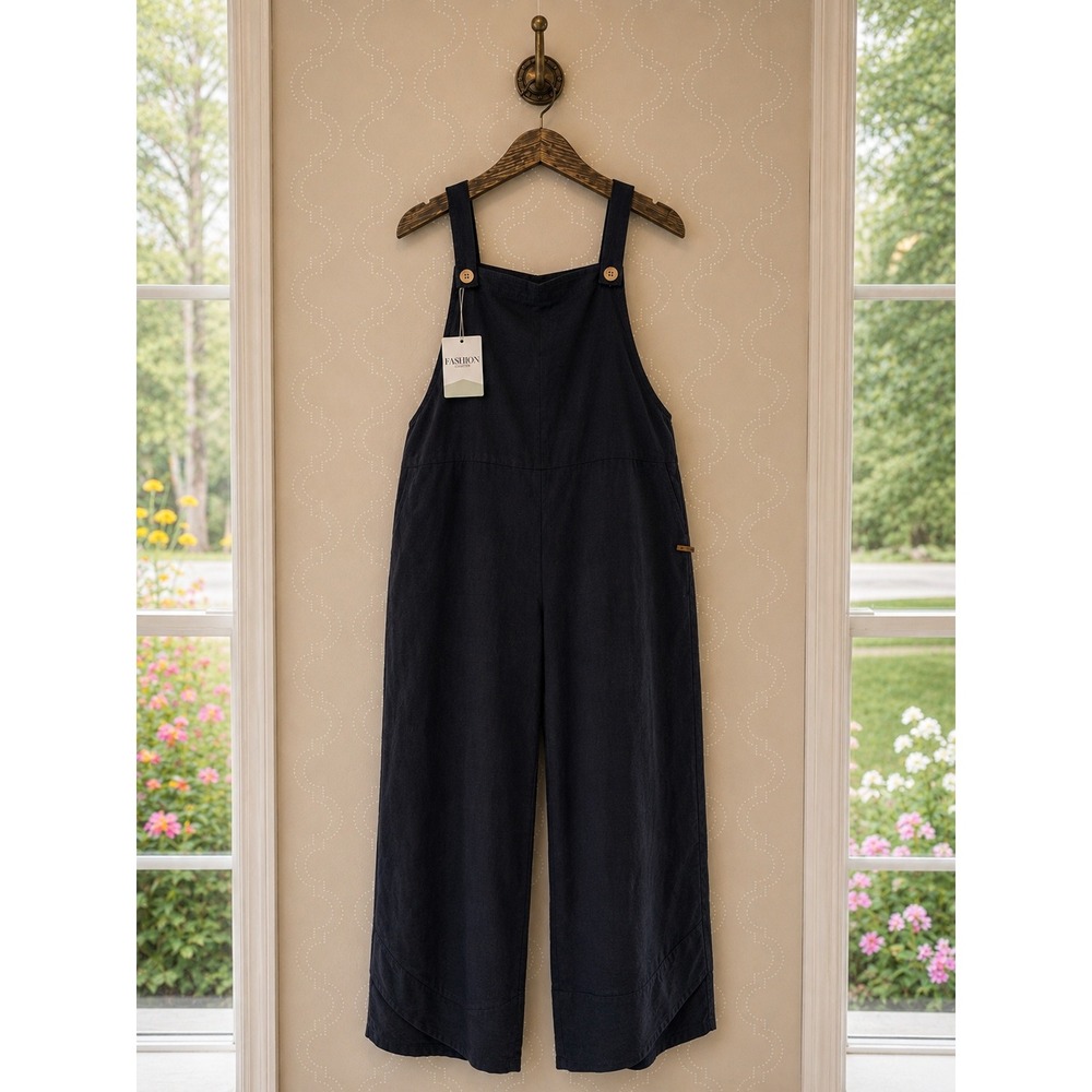 Amazon Brand Overalls Cotton Linen Wide Leg Navy Blue Jumpsuit Size L TY-0269